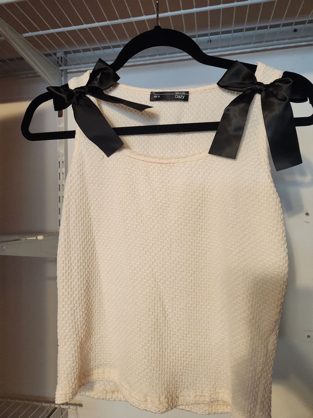 Dazy Cream Textured Bow-Shoulder Tank Top